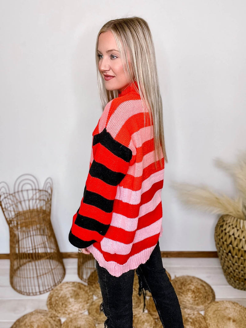 Pink Mixed Stripes Colorblock Knit Sweater Long Sleeves Ribbed Details on Neck, Cuffs and Hem Oversized Fit