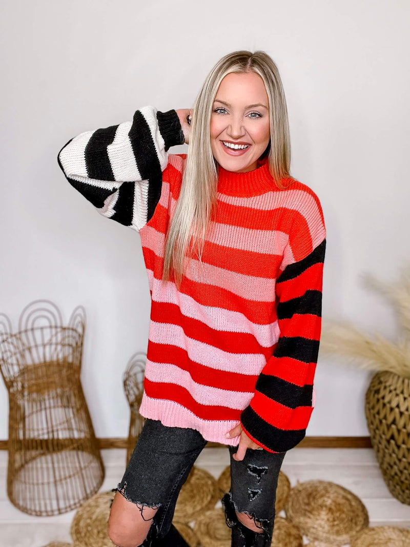 Listicle Pink Mixed Stripes Colorblock Knit Sweater Long Sleeves Ribbed Details on Neck, Cuffs and Hem Oversized Fit