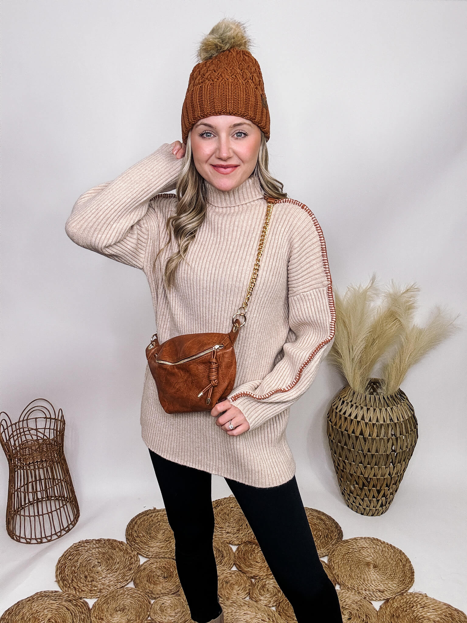 Women s Turtleneck Ribbed Knit Contrast Stitch Oversized Sweater in Oatmeal Bmaes Boutique