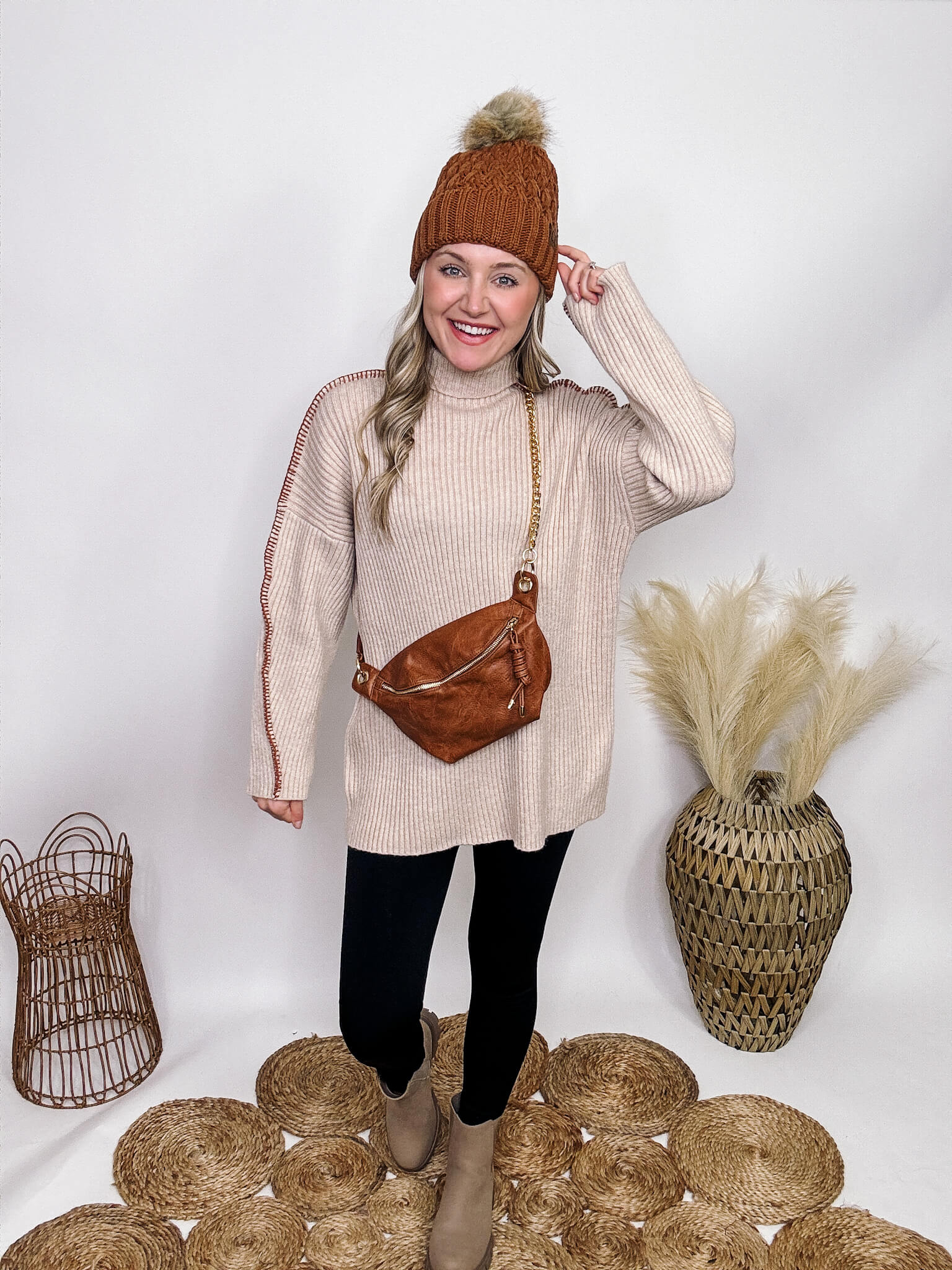 Women s Turtleneck Ribbed Knit Contrast Stitch Oversized Sweater in Oatmeal Bmaes Boutique