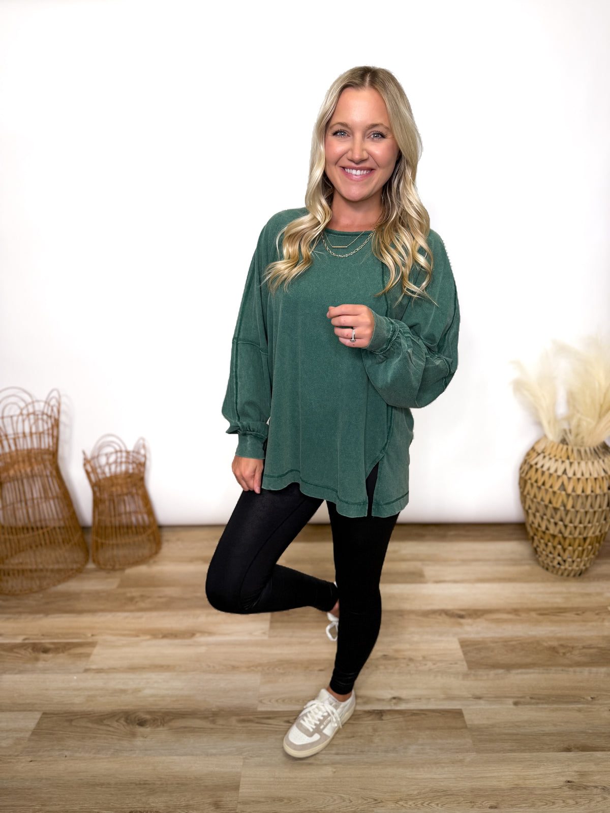 Dark Green Mineral Washed Long Sleeve Top