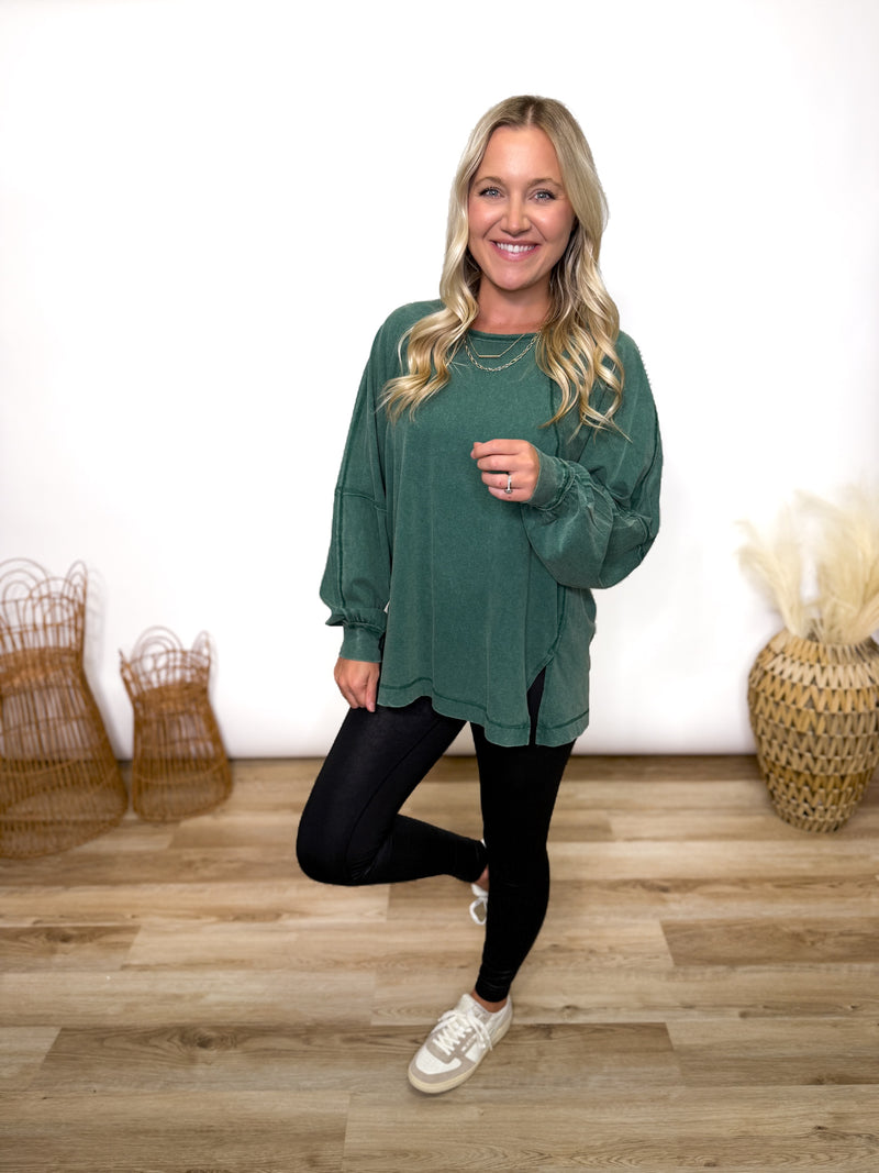 Dark Green Mineral Washed Long Sleeve Top