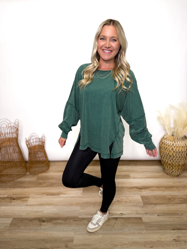Dark Green Mineral Washed Long Sleeve Top