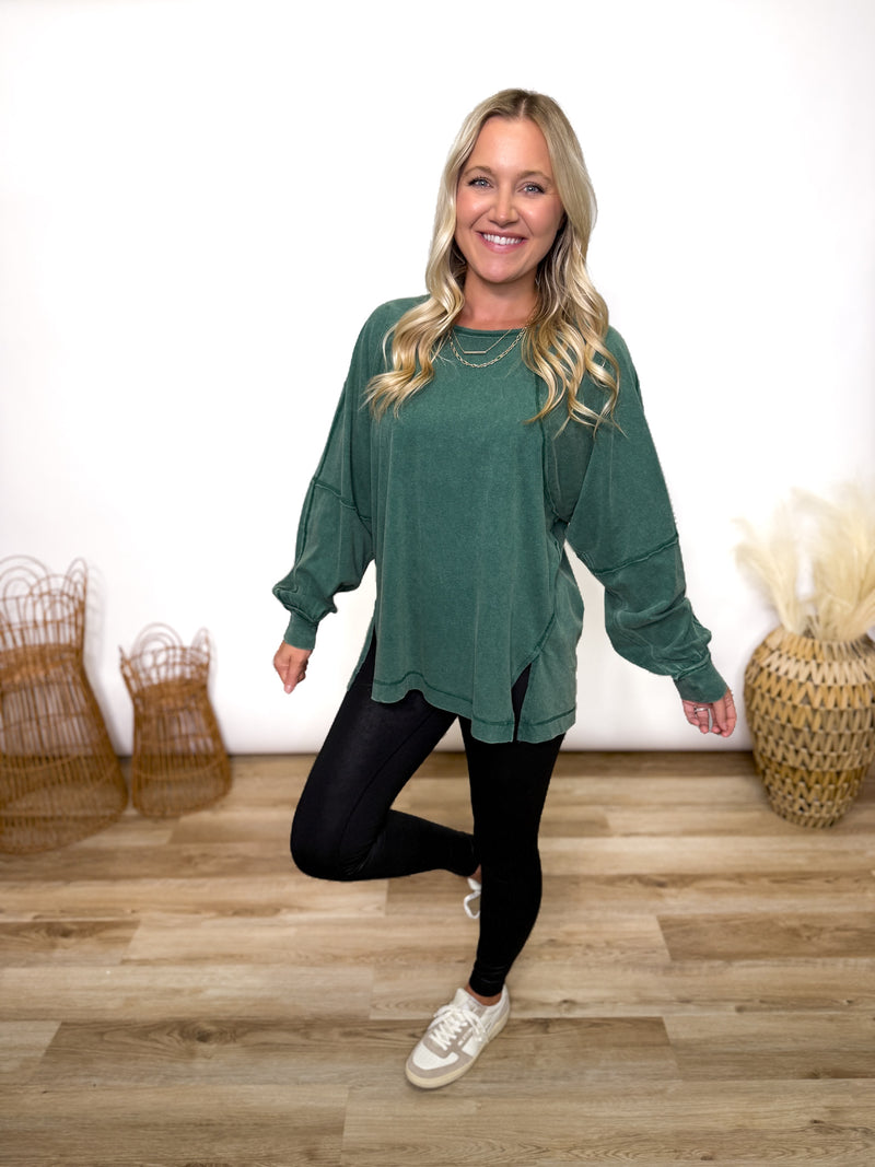 Dark Green Mineral Washed Long Sleeve Top