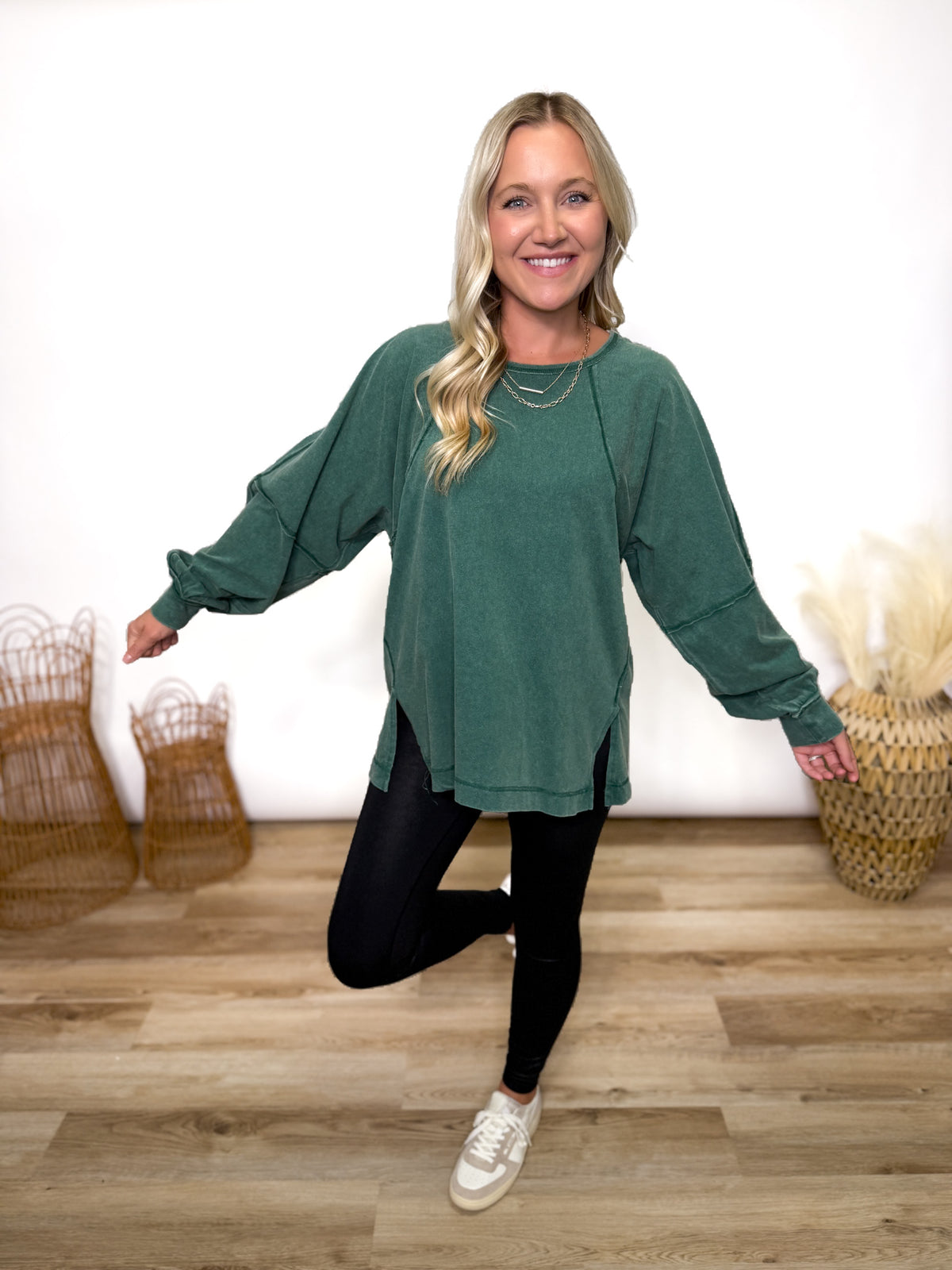 Dark Green Mineral Washed Long Sleeve Top