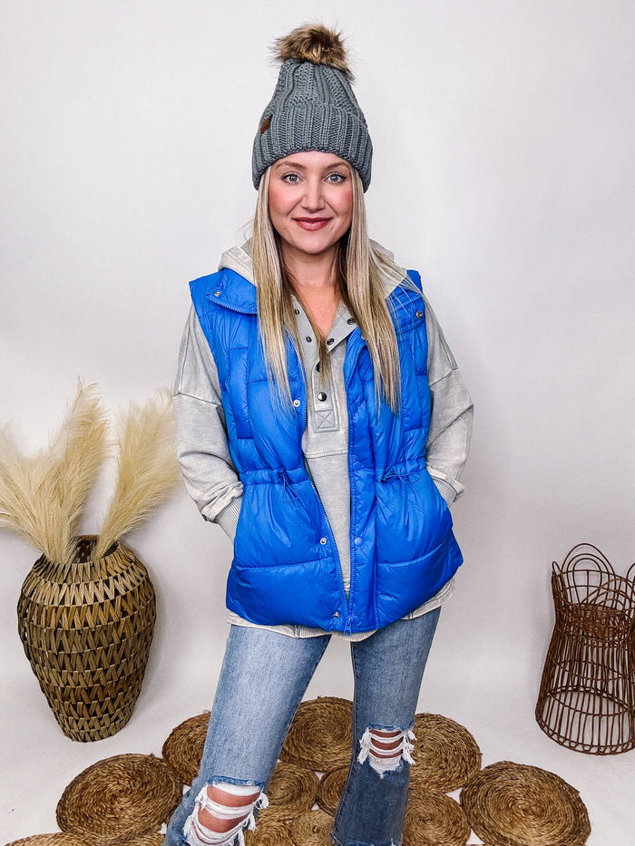 Love Tree Blue Zip Up Puffer Vest Zipper Button Snaps Adjustable Waist Toggles Two Side Pockets Two Chest Pockets Relaxed Fit 100% Nylon