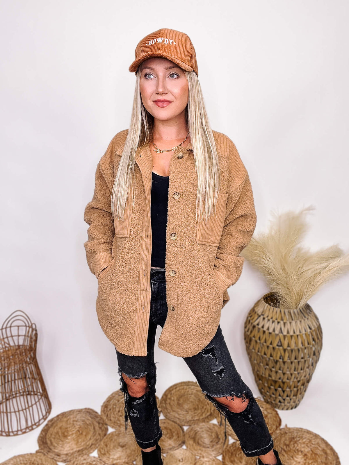 Love Tree Camel Sherpa Fleece Jacket Corduroy Contrast Details Double Front Chest Pockets Double Side Pockets Button Down Front Button Cuffs Relaxed Oversized Fit 100% Polyester
