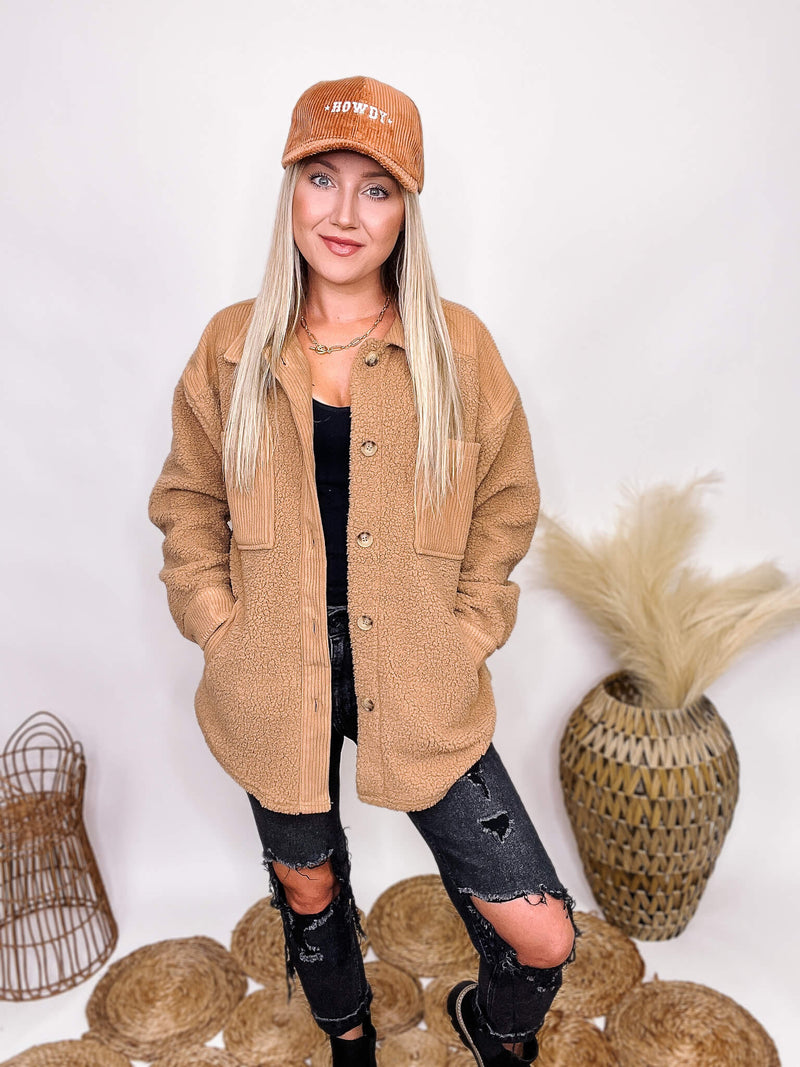 Love Tree Camel Sherpa Fleece Jacket Corduroy Contrast Details Double Front Chest Pockets Double Side Pockets Button Down Front Button Cuffs Relaxed Oversized Fit 100% Polyester