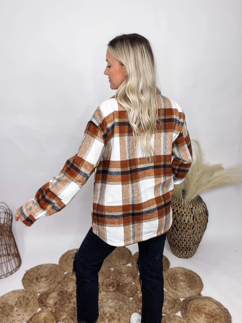 Love Tree Clay Plaid Shacket Front Chest Pockets Side Pockets Button Down Front Button Cuffs Medium Weight Oversized Fit 100% Polyester