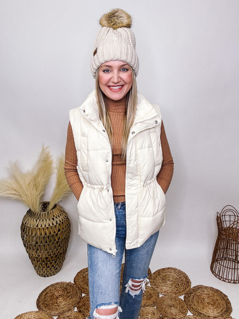 Love Tree Cream Zip Up Puffer Vest Zipper Button Snaps Adjustable Waist Toggles Two Side Pockets Two Chest Pockets Relaxed Fit 100% Nylon