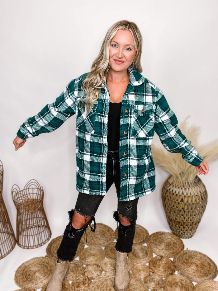 Love Tree Green Plaid Sherpa Fleece Jacket Double Front Chest Pockets Double Side Pockets Button Down Front Button Cuffs Oversized Fit 100% Polyester