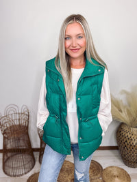 Love Tree Green Zip Up Puffer Vest Zipper Button Snaps Adjustable Waist Toggles Two Side Pockets Two Chest Pockets Relaxed Fit 100% Nylon