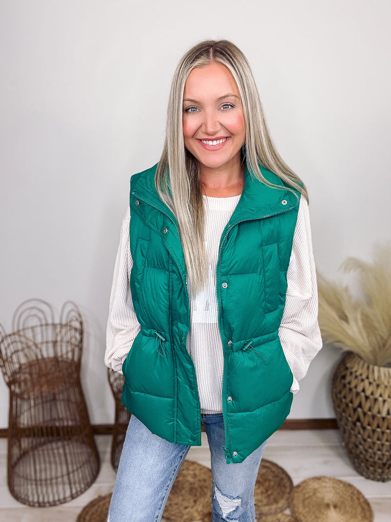Love Tree Green Zip Up Puffer Vest Zipper Button Snaps Adjustable Waist Toggles Two Side Pockets Two Chest Pockets Relaxed Fit 100% Nylon