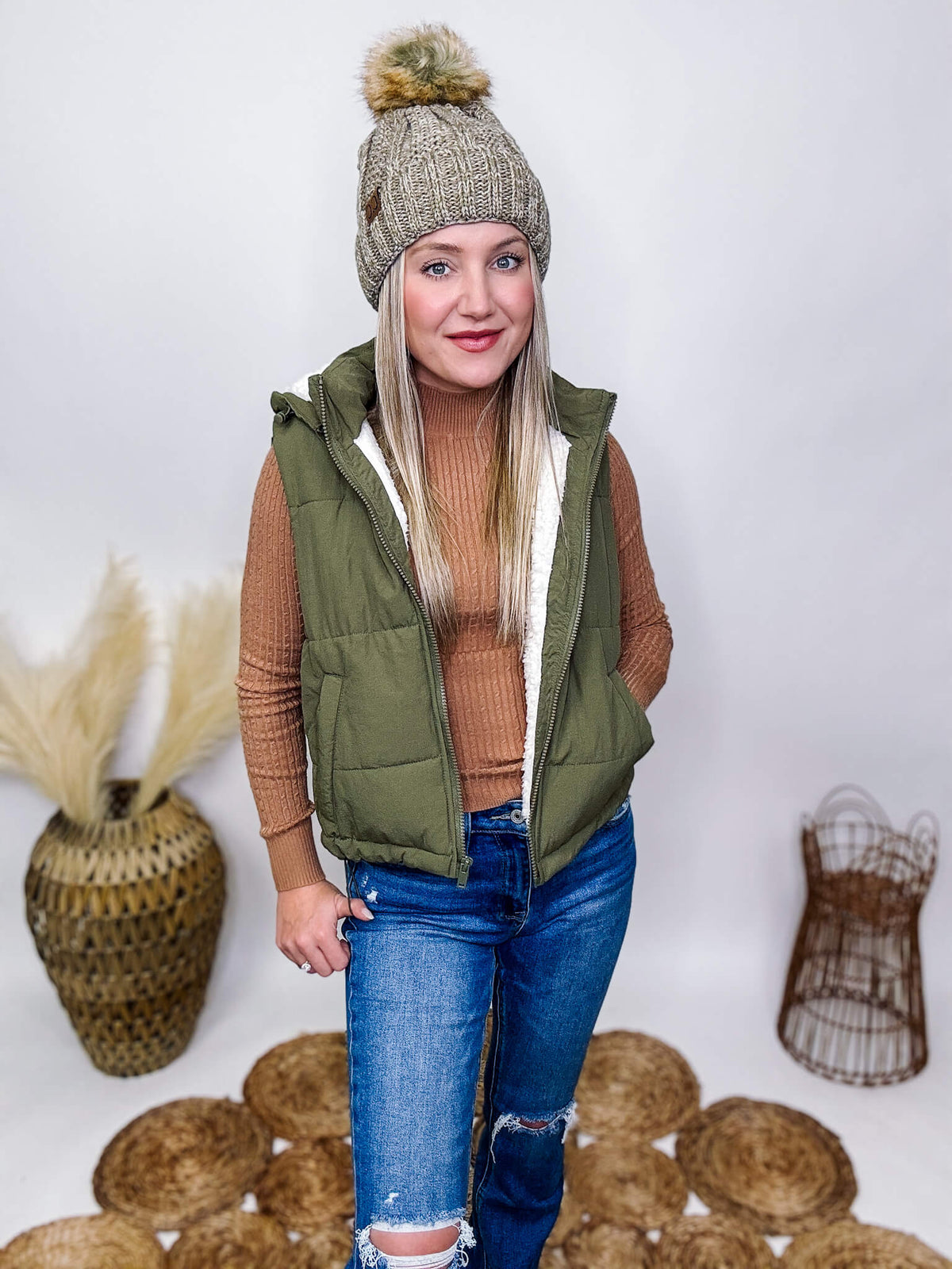 Love Tree Olive Green Puffer Hooded Vest Fleece Lining Zipper Button Snaps Adjustable Waist Toggles Zip Off Hood Two Side Pockets Relaxed Fit Self: 100% Nylon, Lining and Filling: 100% Polyester