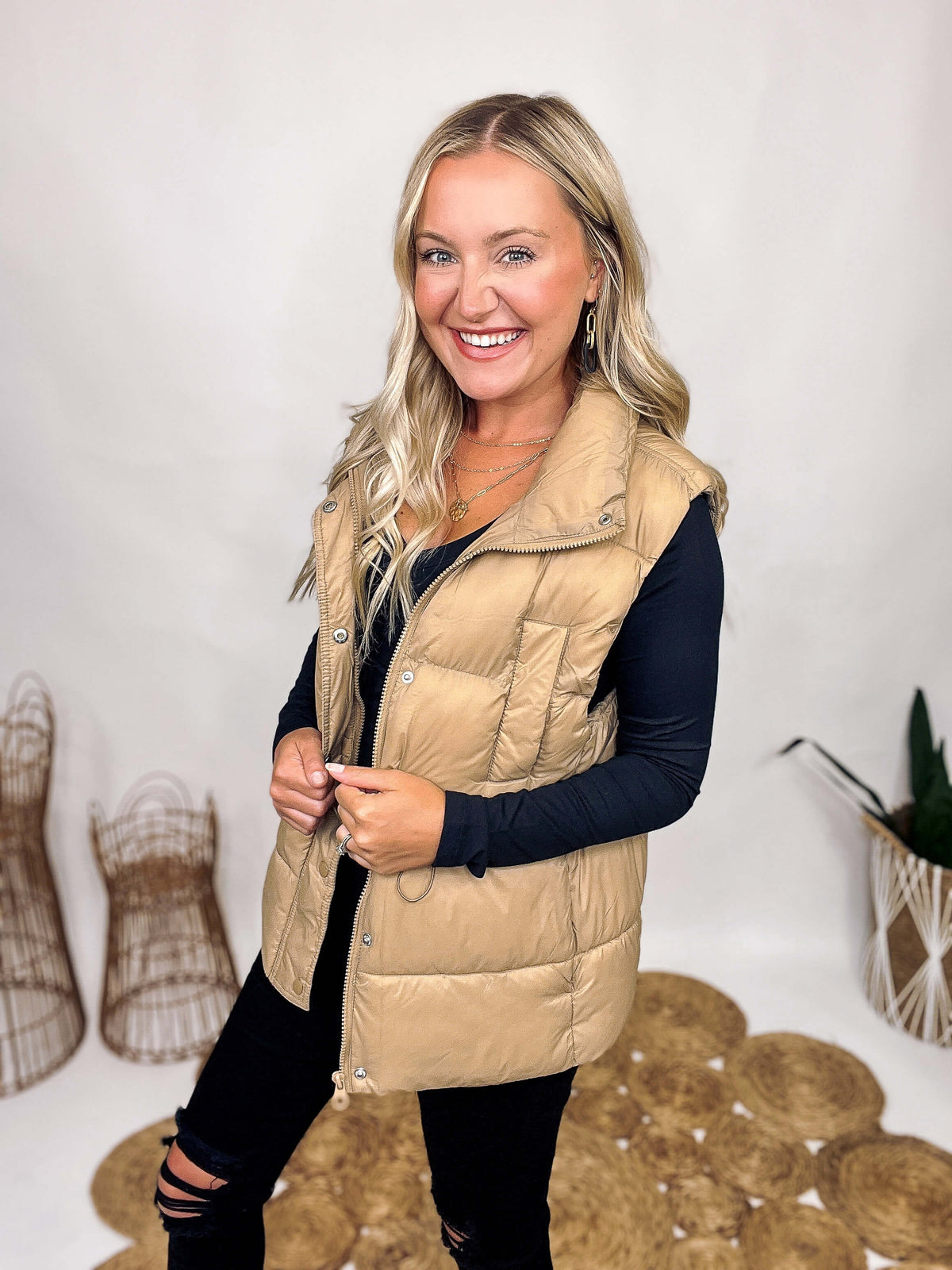 Love Tree Khaki Zip Up Puffer Vest Zipper Button Snaps Adjustable Waist Toggles Two Side Pockets Two Chest Pockets Relaxed Fit 100% Nylon