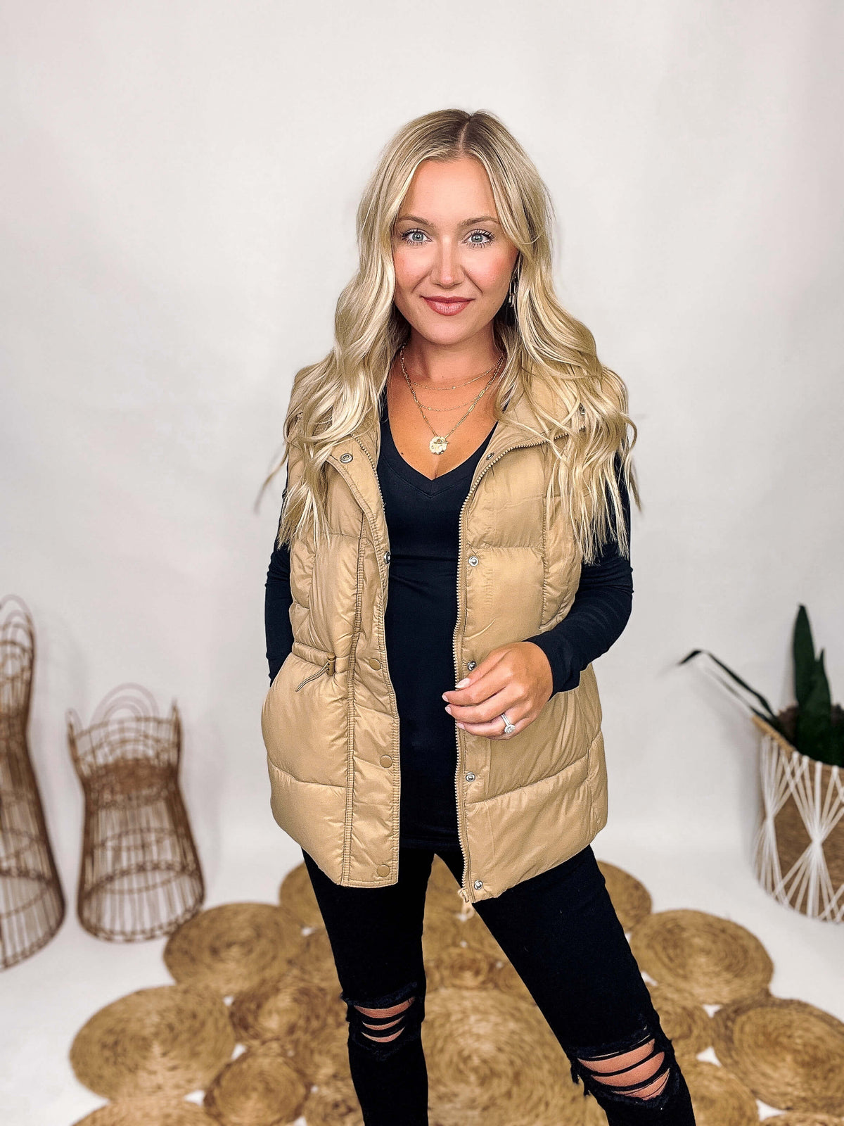 Love Tree Khaki Zip Up Puffer Vest Zipper Button Snaps Adjustable Waist Toggles Two Side Pockets Two Chest Pockets Relaxed Fit 100% Nylon