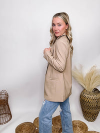 Love Tree Natural Khaki Neutral Color Long Blazer with Long Sleeves, Pockets, and Relaxed Loose Fit. Made from 95% Polyester, 5% Spandex.