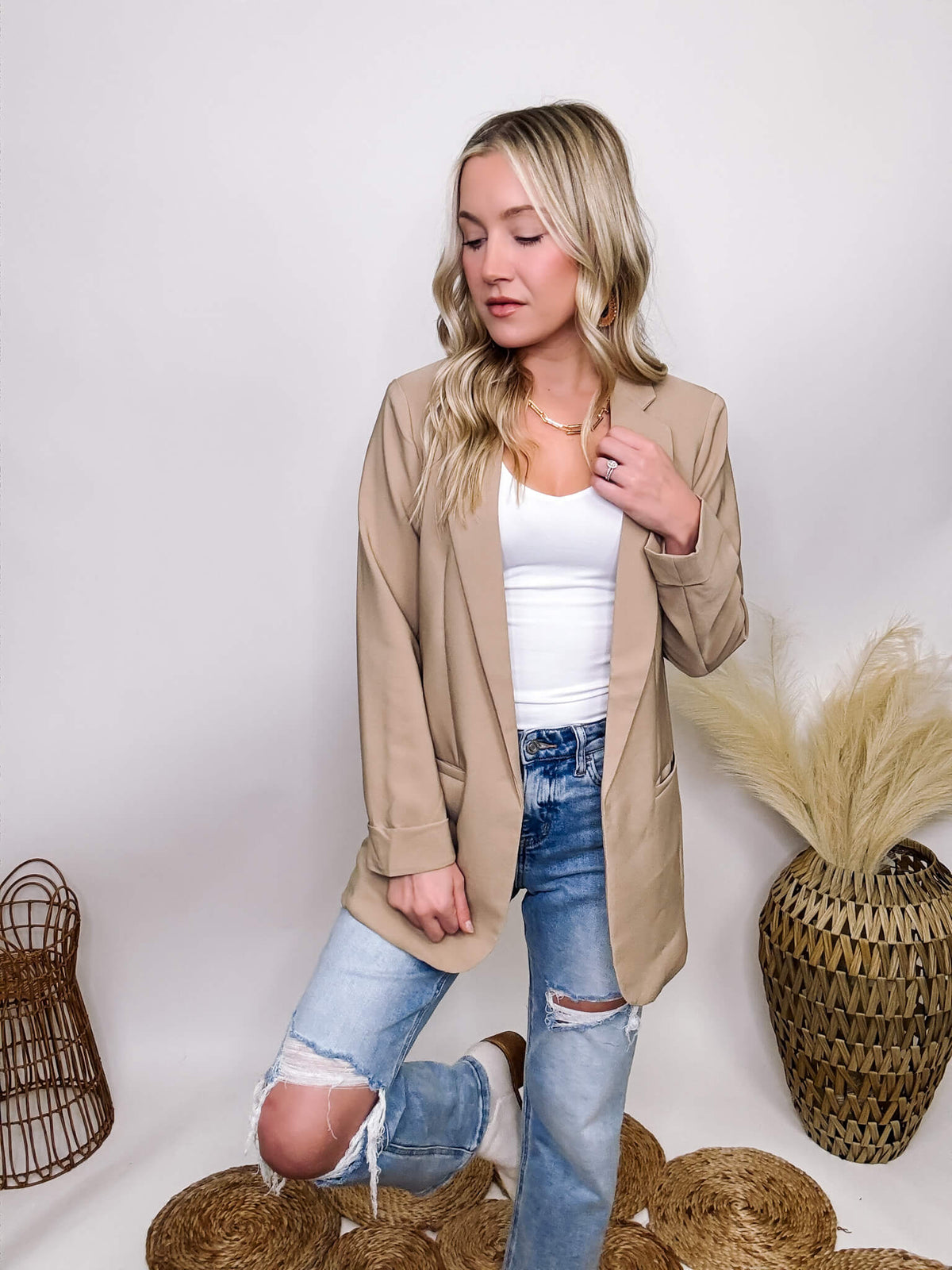 Love Tree Natural Khaki Neutral Color Long Blazer with Long Sleeves, Pockets, and Relaxed Loose Fit. Made from 95% Polyester, 5% Spandex.