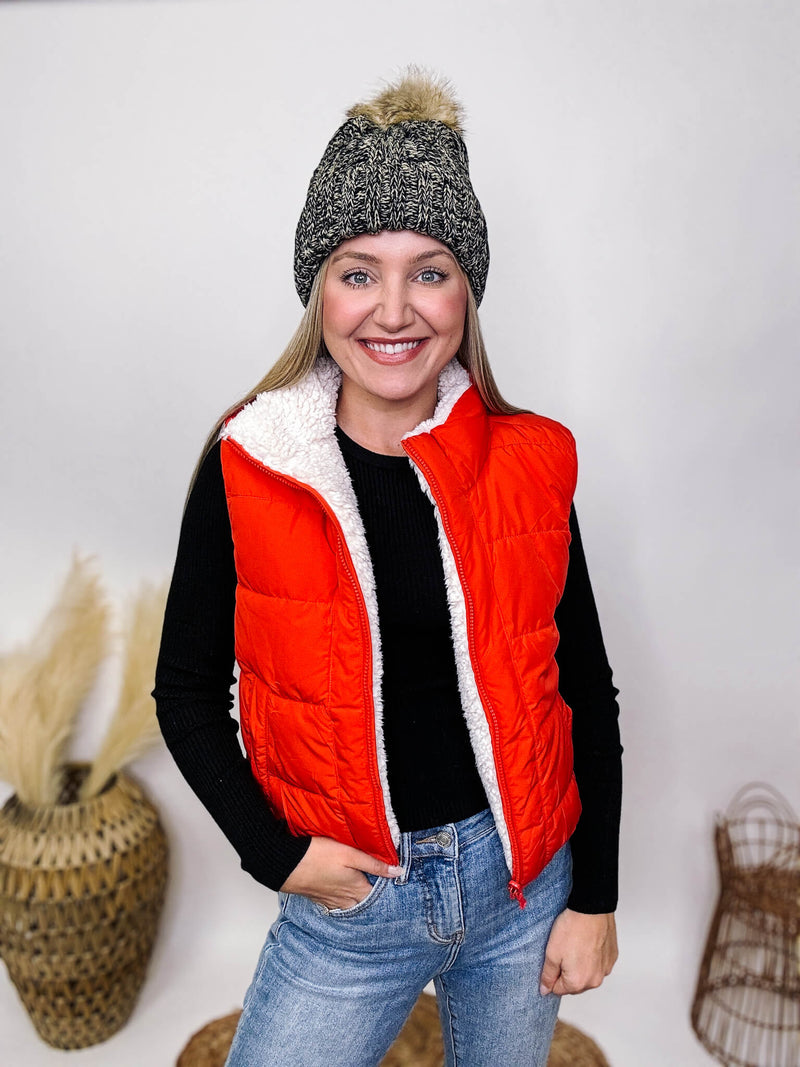 Love Tree Tomato Red Puffer Vest Reversible Sherpa Fleece Lining Zipper Front Two Side Pockets Cropped Fit 100% Nylon