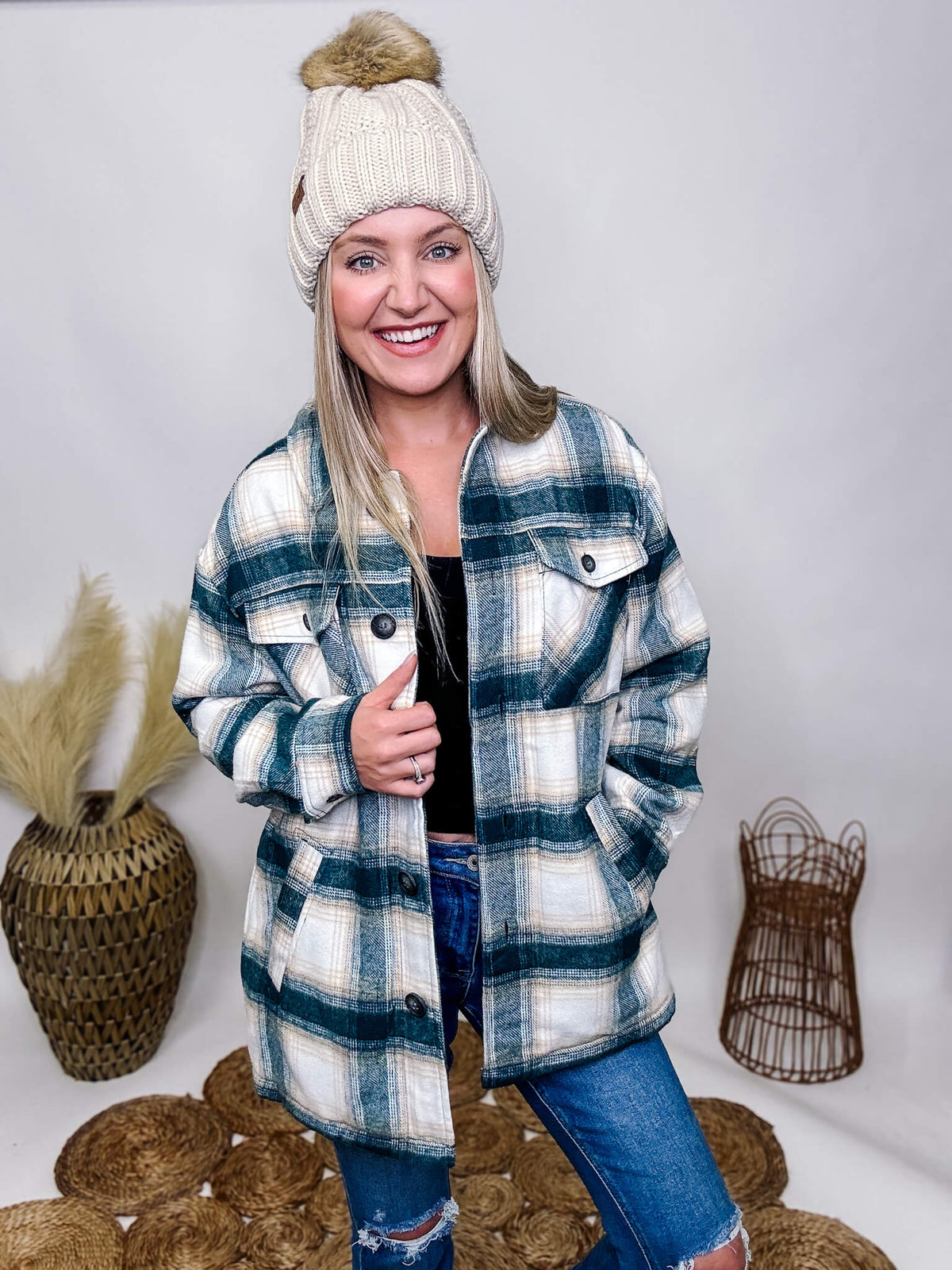 Love Tree Teal Blue Plaid Sherpa Fleece Lined Button Up Jacket Chest Pockets Side Pockets Oversized Fit