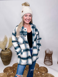 Love Tree Teal Blue Plaid Sherpa Fleece Lined Button Up Jacket Chest Pockets Side Pockets Oversized Fit