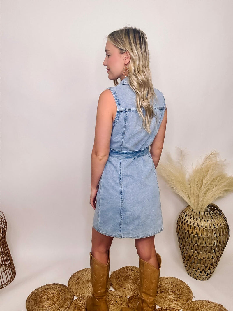 Love Tree Denim Mini Dress Sleeveless Button Up Front Adjustable Removable Waist Tie Double Chest Pockets True to Size 100% Cotton