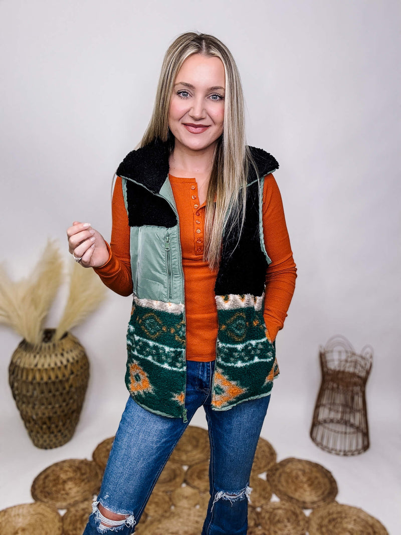 Love Tree Teddy Sherpa Geometric Print Zip Up Vest Zipper Chest Pocket Side Pockets Relaxed Fit 100% Polyester