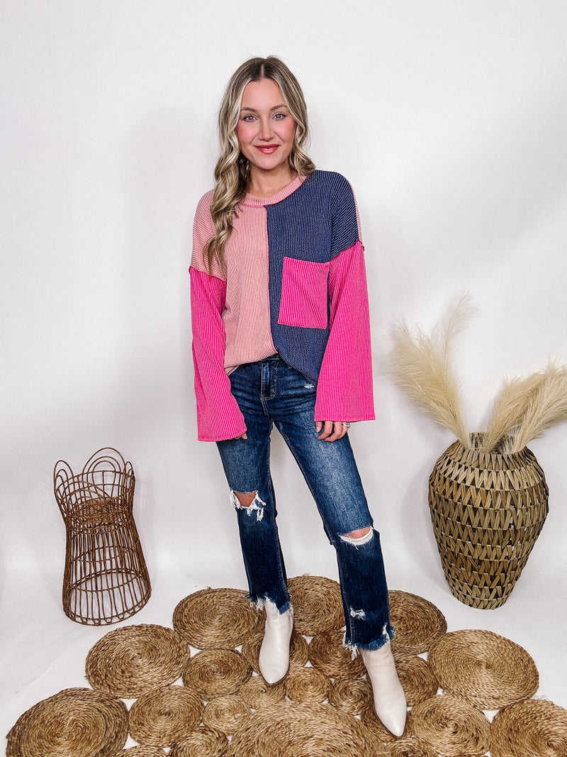 Lovely Melody Pink and Denim Colored Colorblock Long Flare Sleeve Top Chest Pocket Ribbed Stretchy Material Loose Fit