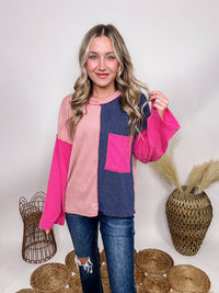 Lovely Melody Pink and Denim Colored Colorblock Long Flare Sleeve Top Chest Pocket Ribbed Stretchy Material Loose Fit