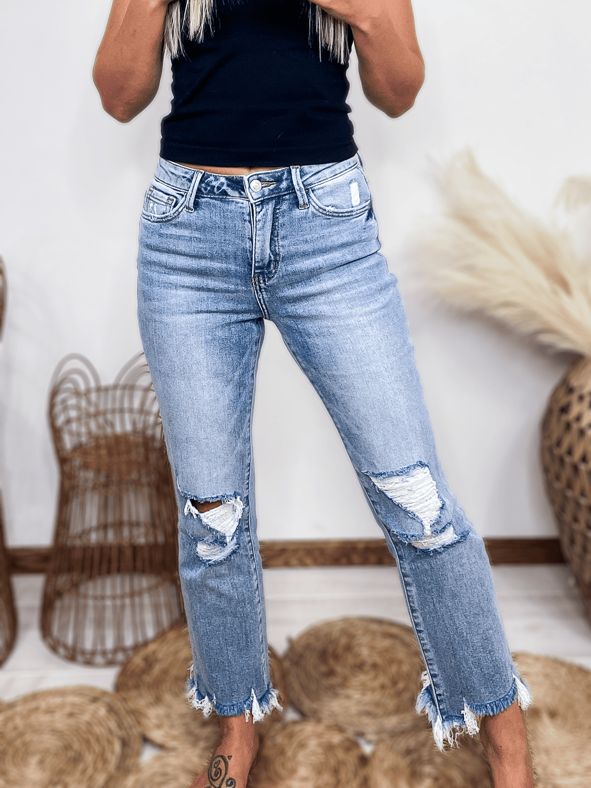High Rise Cropped Flare Jeans Distressed with Frayed Hem Comfort Stretch Denim Lovervet by Vervet 90% Cotton, 8% Polyester, 2% Spandex 10" Rise, 27" Inseam