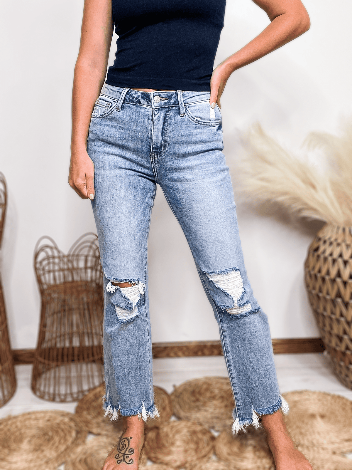 Cropped Flare Comfort Stretch Distressed Jeans Bmaes Boutique