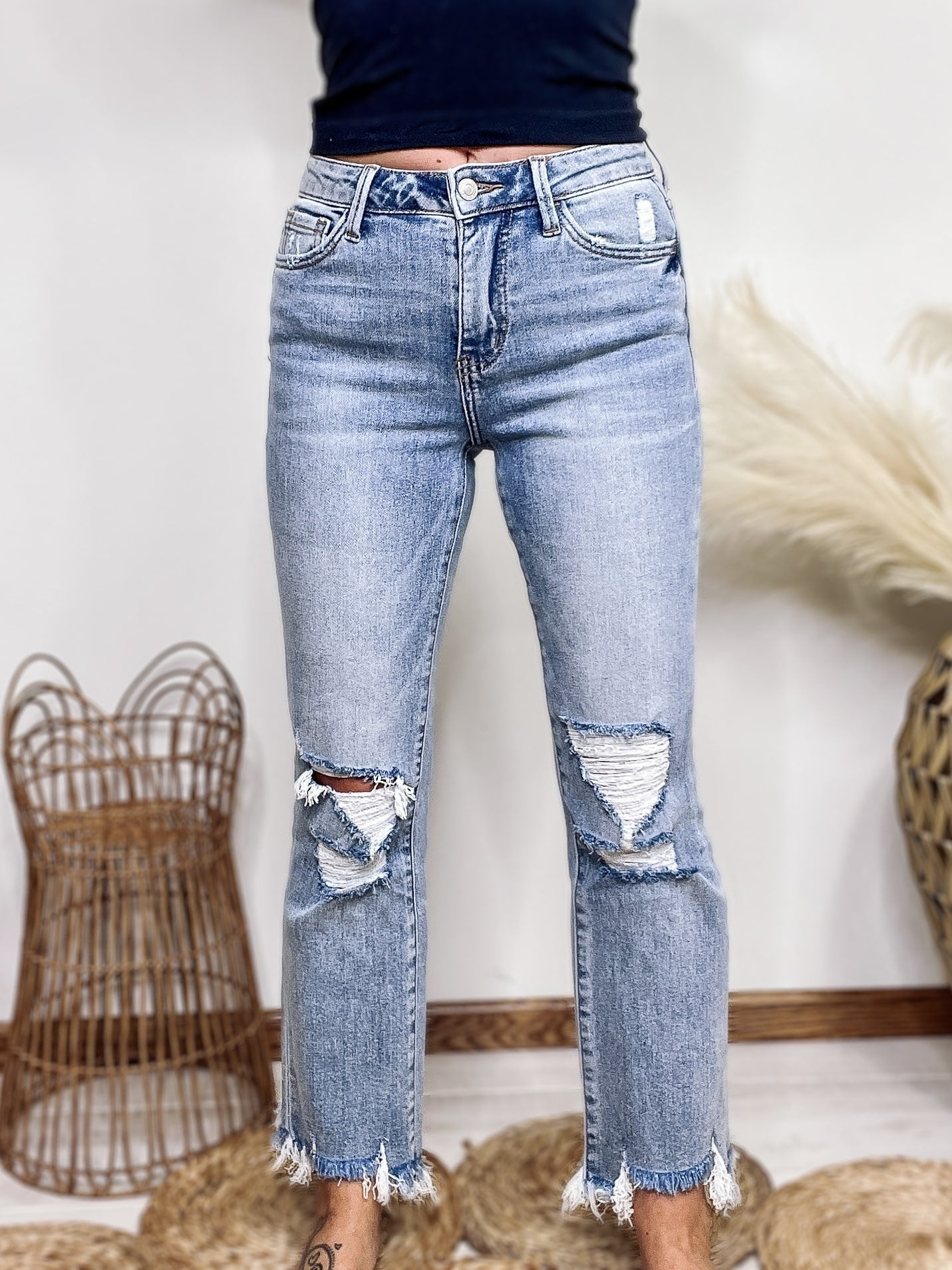 Cropped ripped jeans top