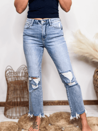 High Rise Cropped Flare Jeans Distressed with Frayed Hem Comfort Stretch Denim Lovervet by Vervet 90% Cotton, 8% Polyester, 2% Spandex 10" Rise, 27" Inseam