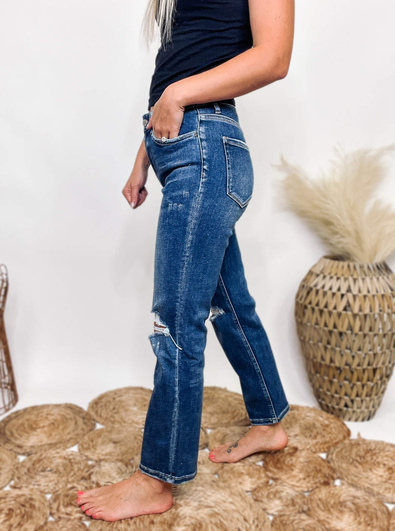 High Rise Dark Wash Distressed Straight Leg Jeans Comfort Stretch Denim Lovervet by Vervet 72% Cotton, 25% Polyester, 2%  Viscose, 1% Spandex 10" Rise, 27" Inseam