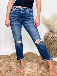 High Rise Dark Wash Distressed Straight Leg Jeans Comfort Stretch Denim Lovervet by Vervet 72% Cotton, 25% Polyester, 2%  Viscose, 1% Spandex 10" Rise, 27" Inseam