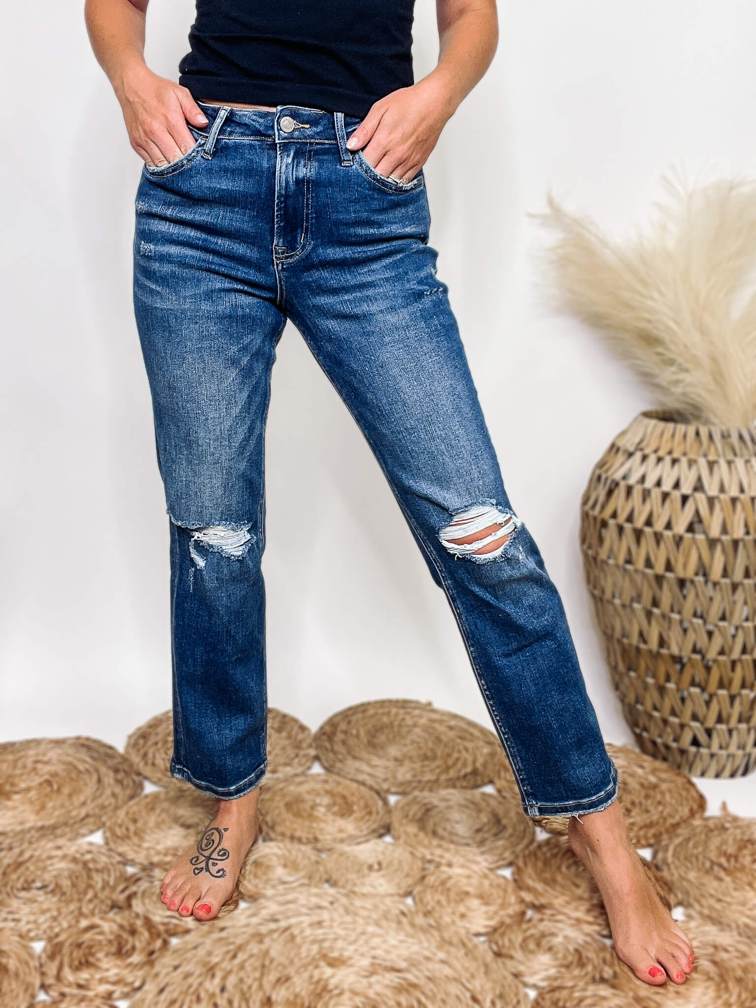 High Rise Dark Wash Crop Straight Jeans Bmaes Boutique