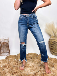Lovervet by Vervet High Rise Dark Washed Cropped Flare Jeans Distressed with Frayed Hem Comfort Stretch Denim Lovervet by Vervet 90% Cotton, 8% Polyester, 2% Spandex 10" Rise, 27" Inseam