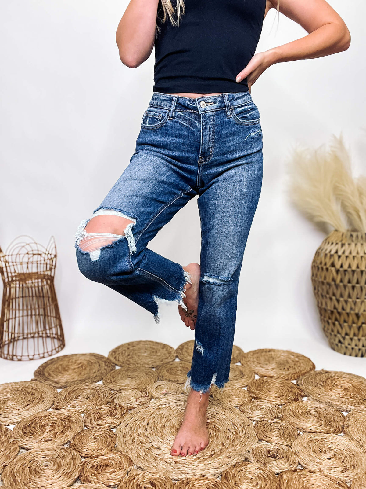 Dark Wash Distressed Raw Hem High Rise Crop Flare Straight Jeans – Bmaes  Boutique