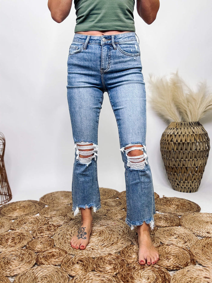 High Rise Light Wash Cropped Kick Flare Jeans Distressed with Frayed Hem Comfort Stretch Denim Lovervet by Vervet 90% Cotton, 8% Polyester, 2% Spandex 10" Rise, 27" Inseam