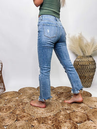 High Rise Light Wash Cropped Kick Flare Jeans Distressed with Frayed Hem Comfort Stretch Denim Lovervet by Vervet 90% Cotton, 8% Polyester, 2% Spandex 10" Rise, 27" Inseam