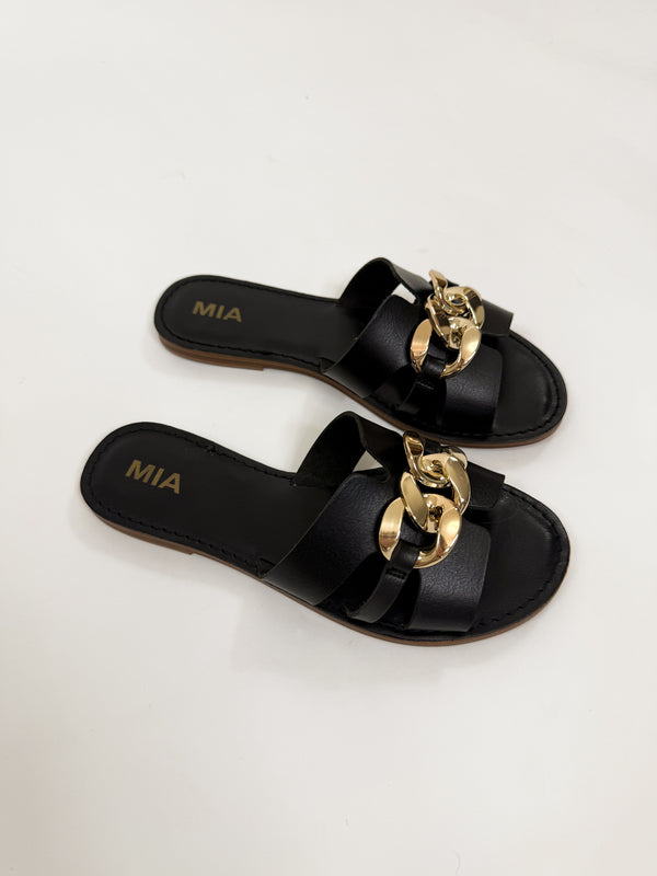 Mia Venetia black and gold slip on women's summer sandals.