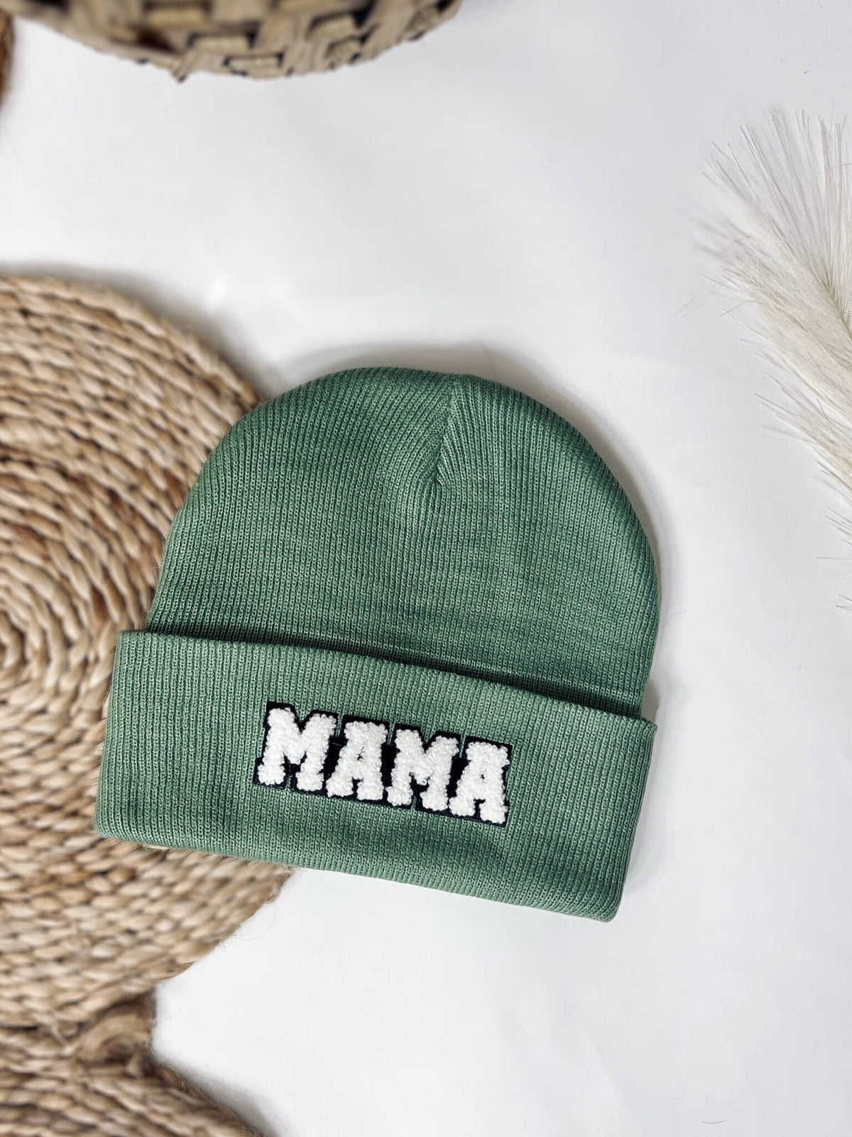 Mama Chenille Patch Knit Sage Beanie