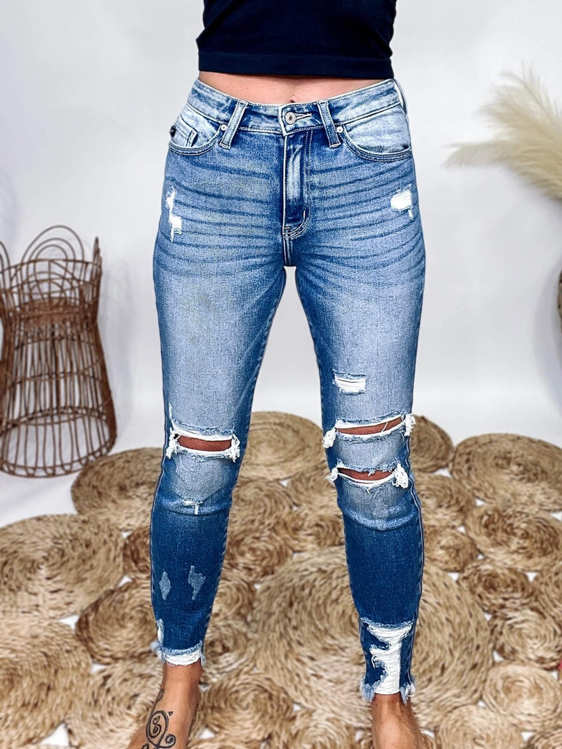 Medium Stone Wash Distressed KanCan Skinny Jeans Frayed Hem Zip Fly Comfort Stretch 9.75" Rise, 27" Inseam 93% Cotton, 5% Polyester, 2% Spandex