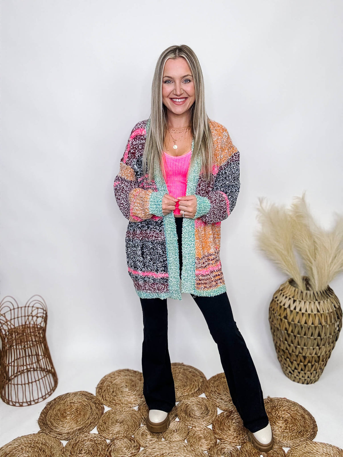 &Merci Multicolor Colorblock Cardigan Long Sleeves Fuzzy Textured Knit Oversized Fit 95% Acrylic, 5% Polyester