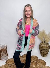&Merci Multicolor Colorblock Cardigan Long Sleeves Fuzzy Textured Knit Oversized Fit 95% Acrylic, 5% Polyester