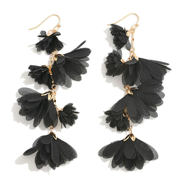 Gold Metal Chain Link Drop Earring With Black Lace Flower Detail Approximately 4" in Length