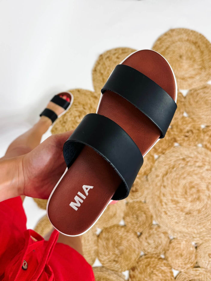 MIA Saige Platform Sandals Black Double Straps Slip-On Round Open Toe Rubber Sole Comfy Contoured Footbed  True to Size