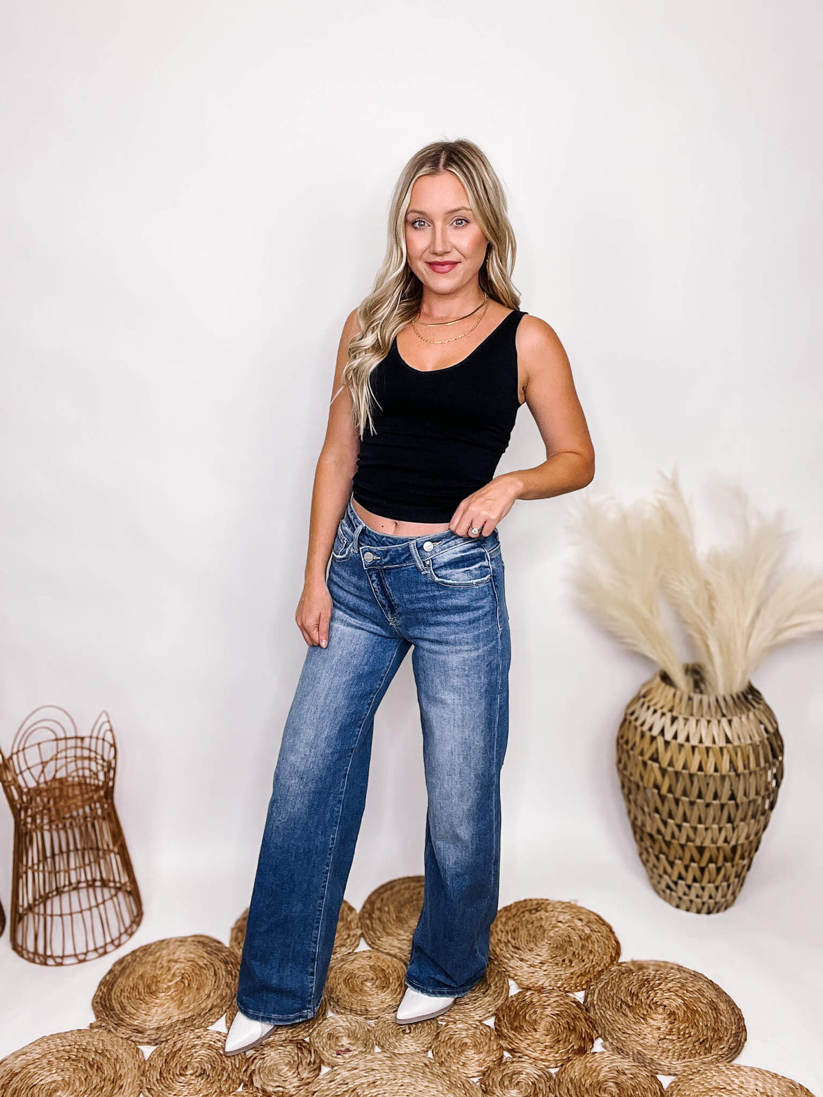 Midrise Crossover Waist Wide Leg Risen Jeans Stretchy Button and Zip Fly True to Size 9.5" Rise, Approximately 32.5" Inseam 95% Cotton, 3.5% Rayon, 1.5% Spandex