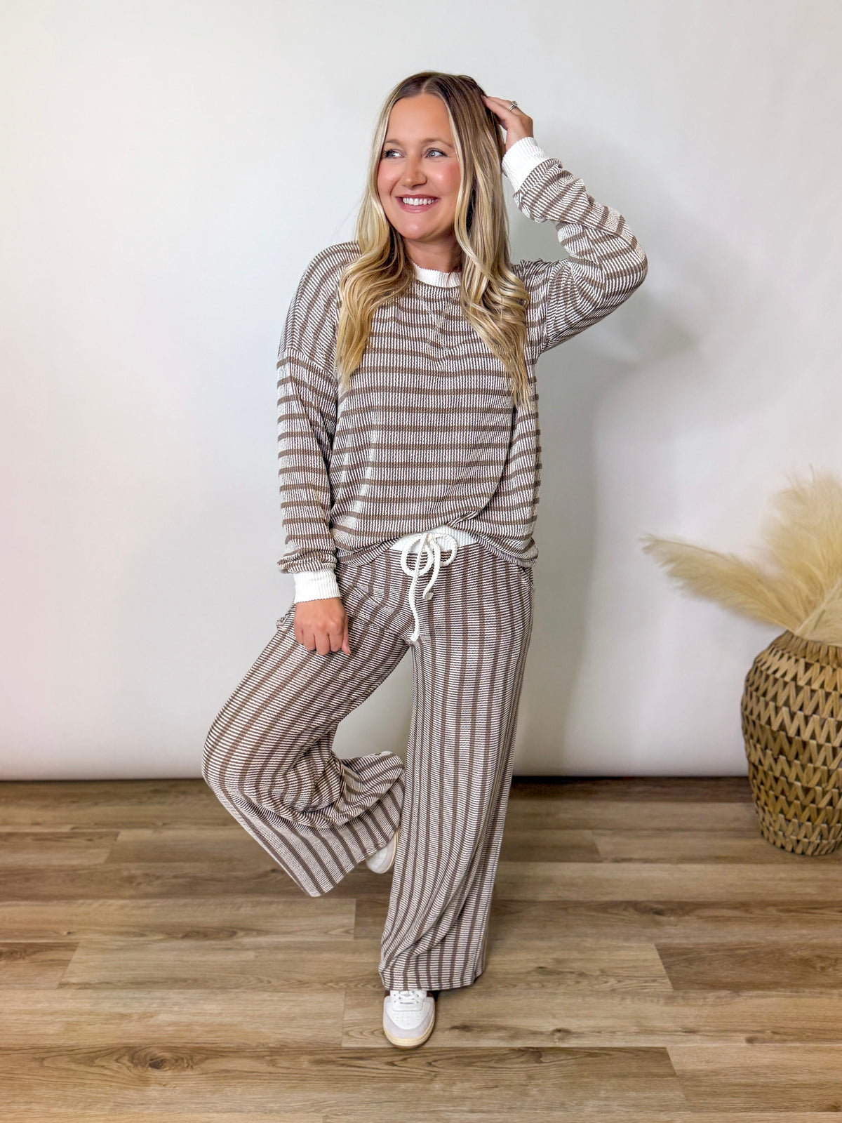 Mocha Striped Ribbed Long Sleeve Top and Wide Leg Matching Set