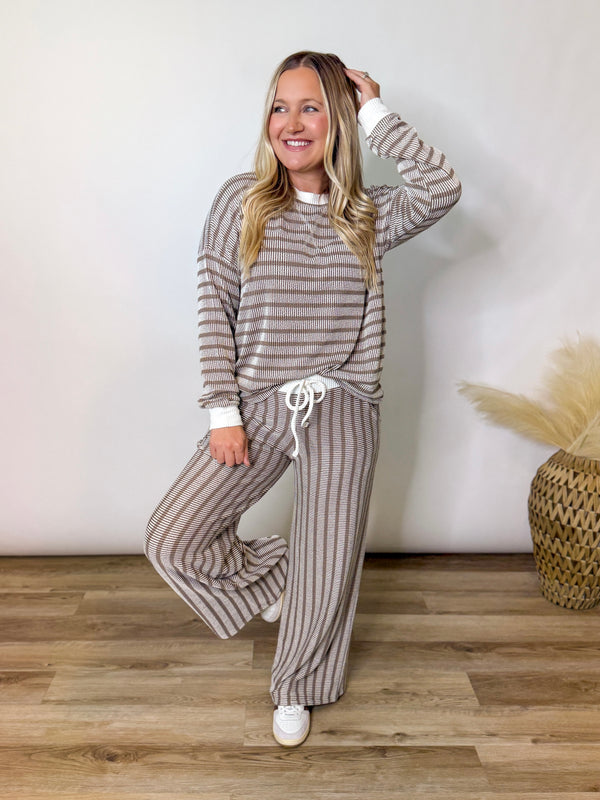 Mocha Striped Ribbed Long Sleeve Top and Wide Leg Matching Set